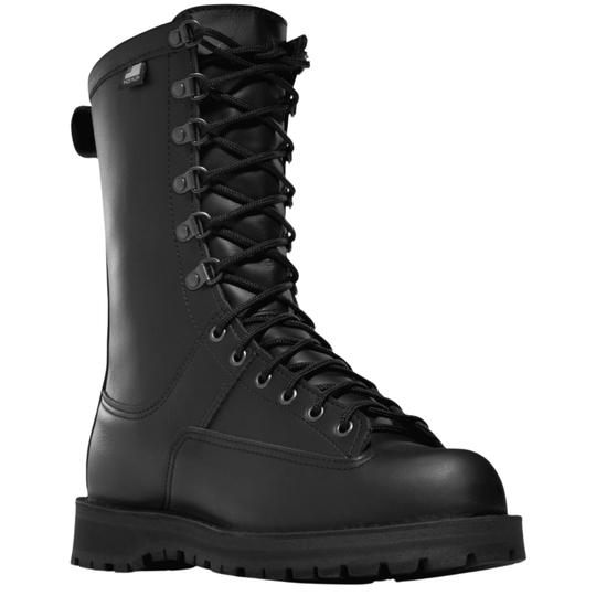Black lace-up tall work boot with thick lug sole and side eyelets