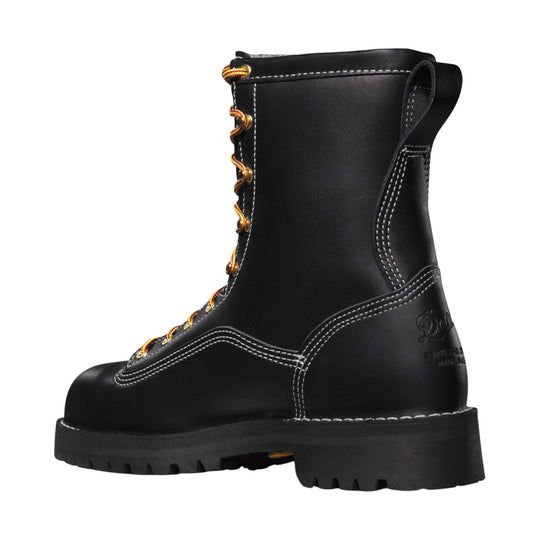 Black lace-up work boot with white stitching and yellow-and-red laces, shown in side profile