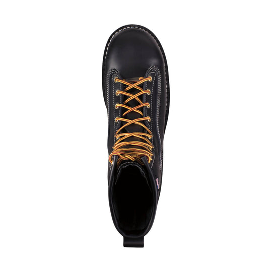 Black lace-up work boot with tan and red round laces, white contrast stitching, and a tall padded shaft