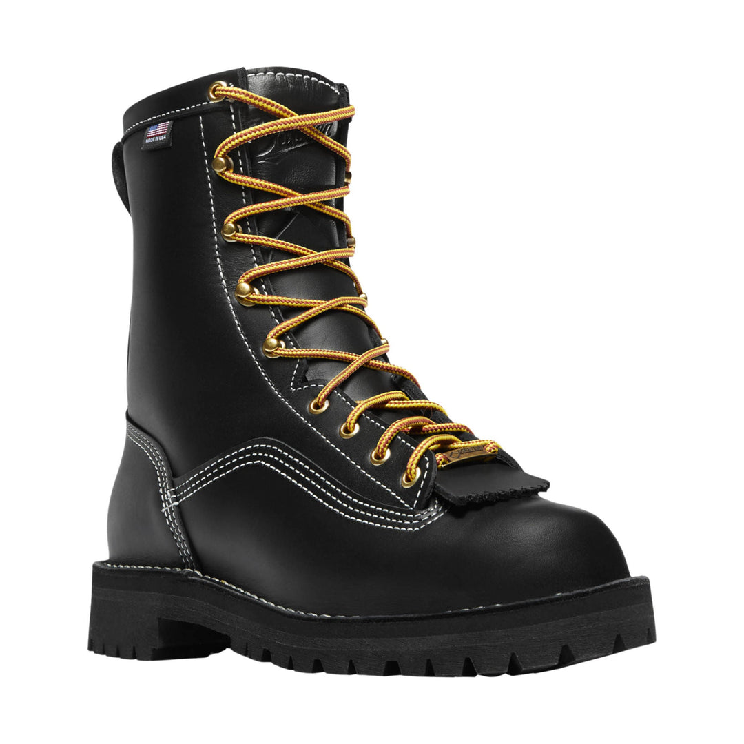 Black lace-up work boot with yellow-and-red laces, white stitching, and thick lug sole