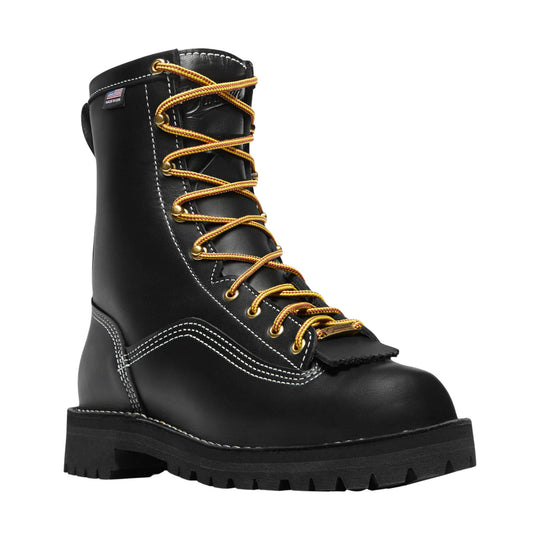 Black lace-up work boot with yellow-and-red laces, white stitching, and thick lug sole