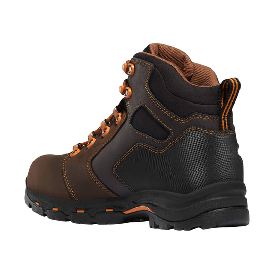 Brown and black hiking boot with orange stitching, metal eyelets, and a thick lug sole