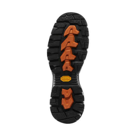 Black boot outsole with orange traction lugs and Vibram logo