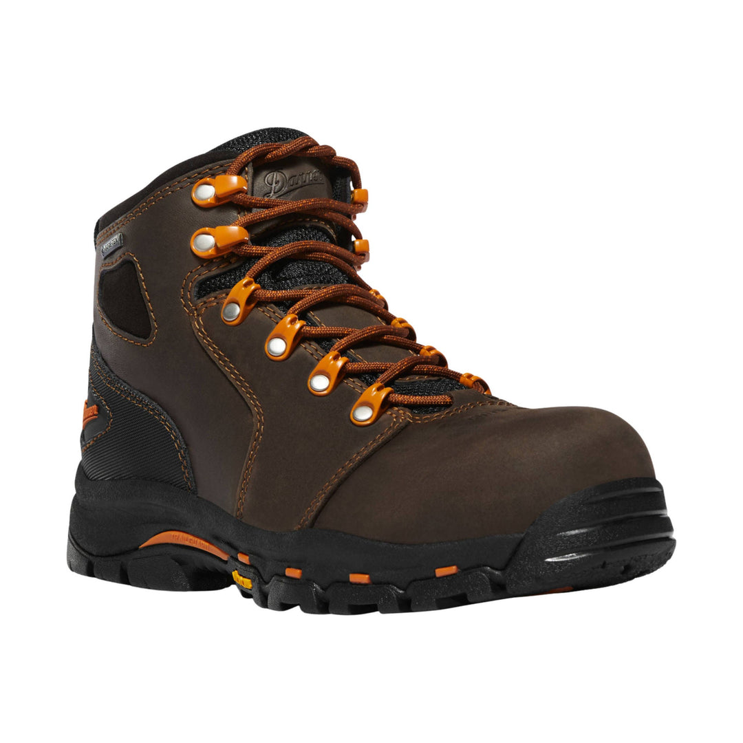 Brown lace-up work boot with orange hardware, black sole, and ankle cutouts