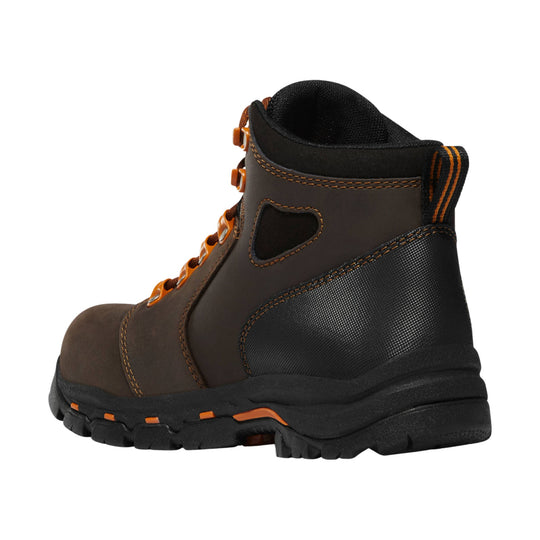 Brown and black lace-up work boot with orange hardware, black sole, and padded ankle collar