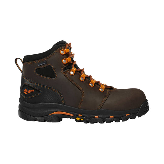 Brown and black hiking boot with orange lace hooks and rugged lug sole