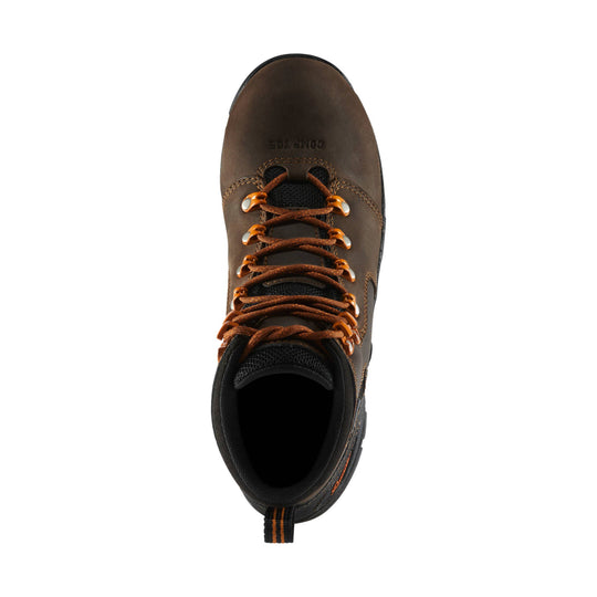 Brown and black lace-up work boot seen from above, with orange laces and metal hooks
