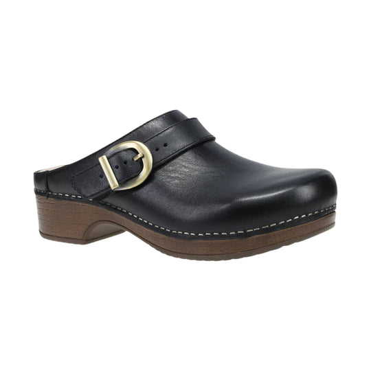 Black leather mule clog with a brass buckle and brown wooden sole