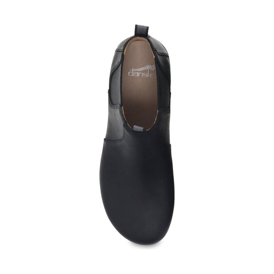 Black pull-on boot shown from above with brown insole and small pull tabs