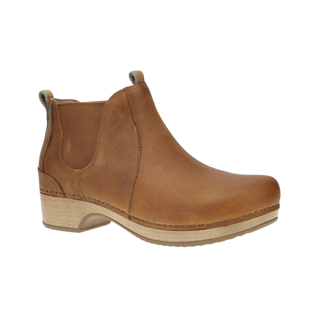 Tan leather ankle boot with side elastic panel, pull tabs, and a wood-look wedge heel