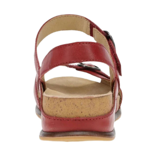 Red leather sandal shown from the back with wide straps, cork footbed, and a low heel