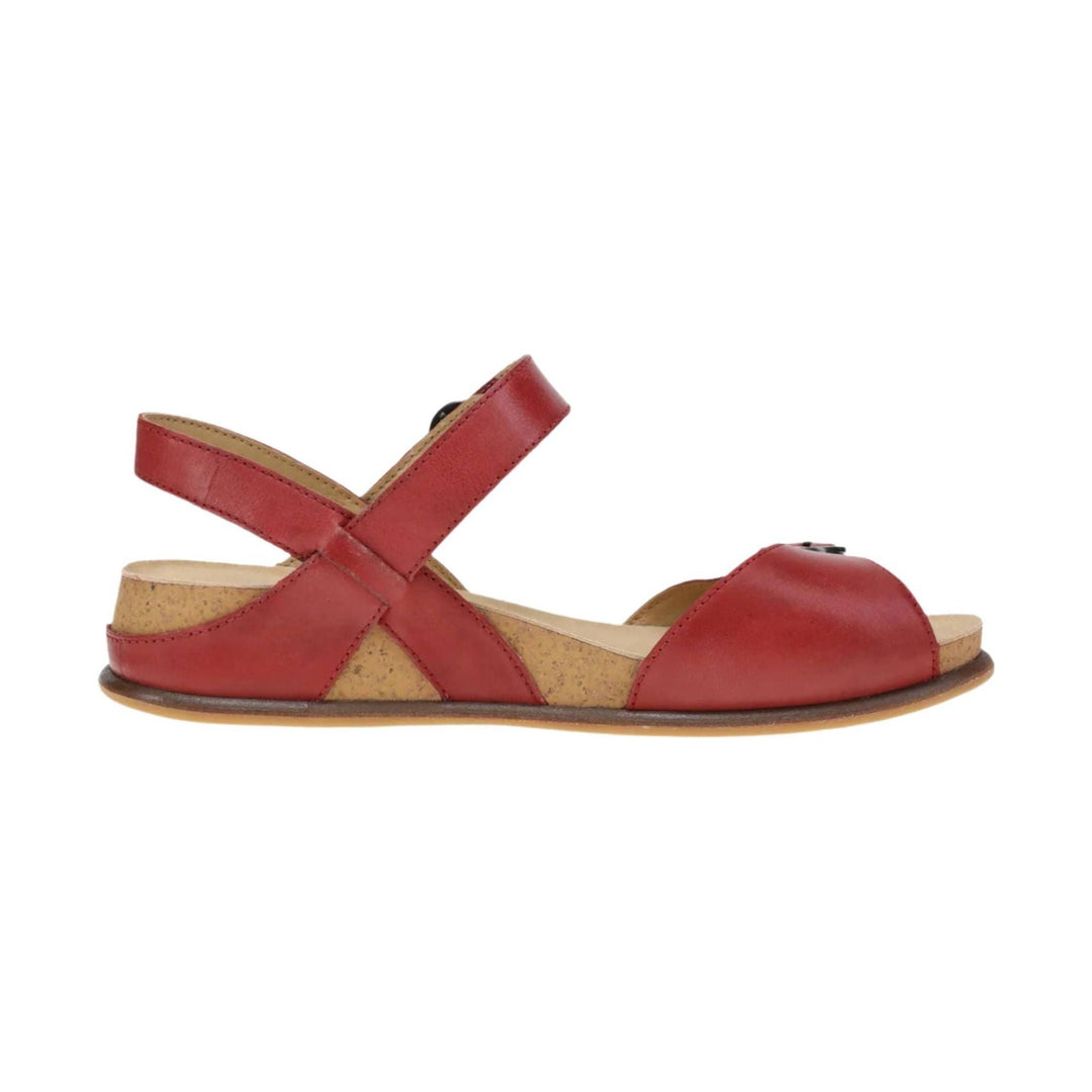 Red leather sandal with an ankle strap, open toe, and cork footbed