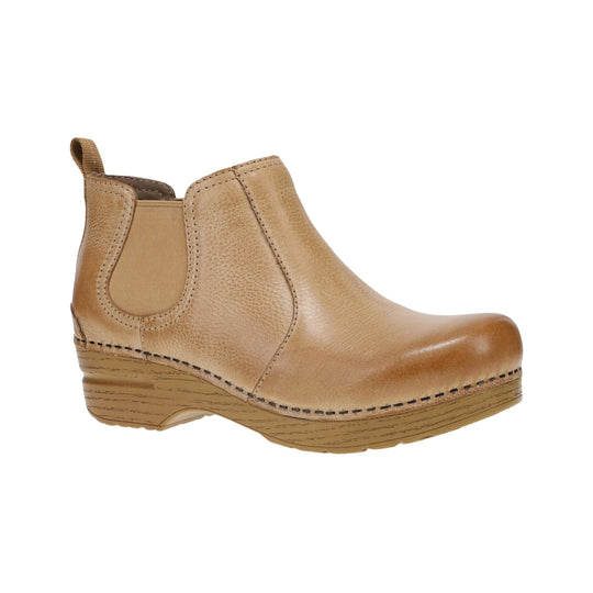 Tan leather ankle boot with side elastic panel, pull tab, and wedge sole