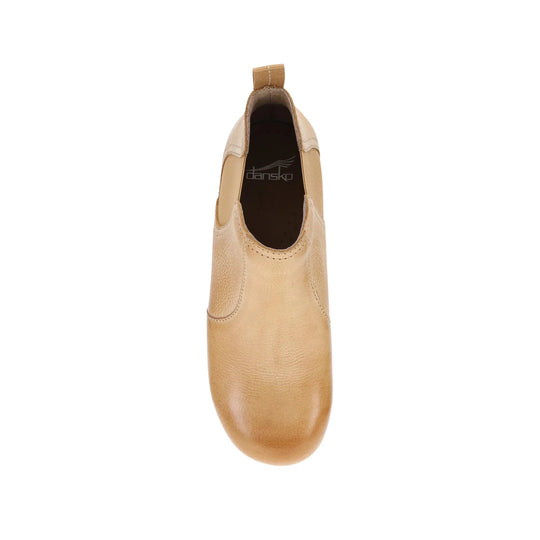 Tan leather Chelsea boot with a pull tab and almond toe, shown from above
