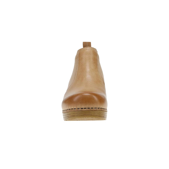 Tan leather ankle boot shown from the back with a pull tab and light sole
