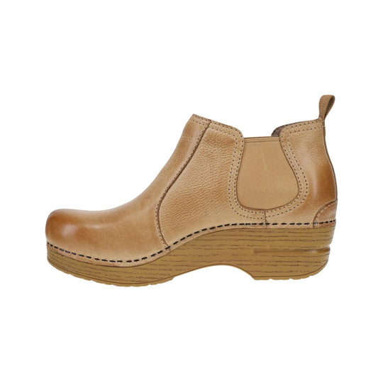 Tan leather ankle boot with elastic side panel and pull tab, side view
