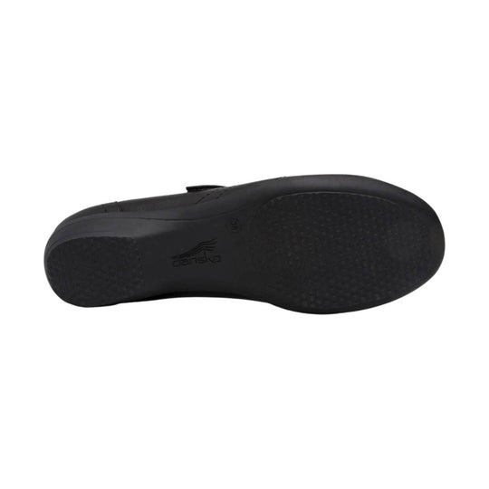 Black shoe outsole with a textured tread and embossed logo