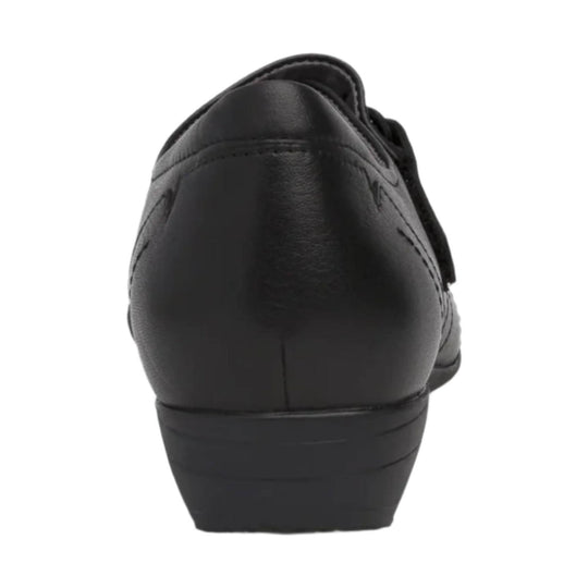 Black leather clog-style shoe shown from the back