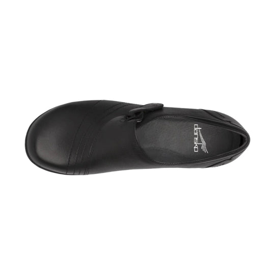 Black leather clog-style shoe with a rounded toe and logo on the insole, shown from above