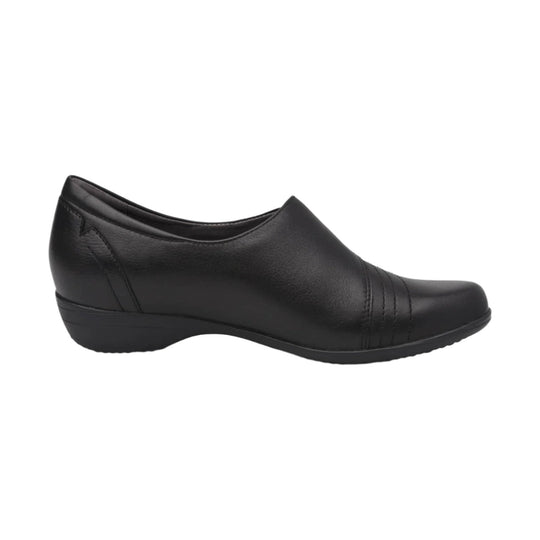 Black leather slip-on wedge shoe with a rounded toe and low heel, shown in side profile