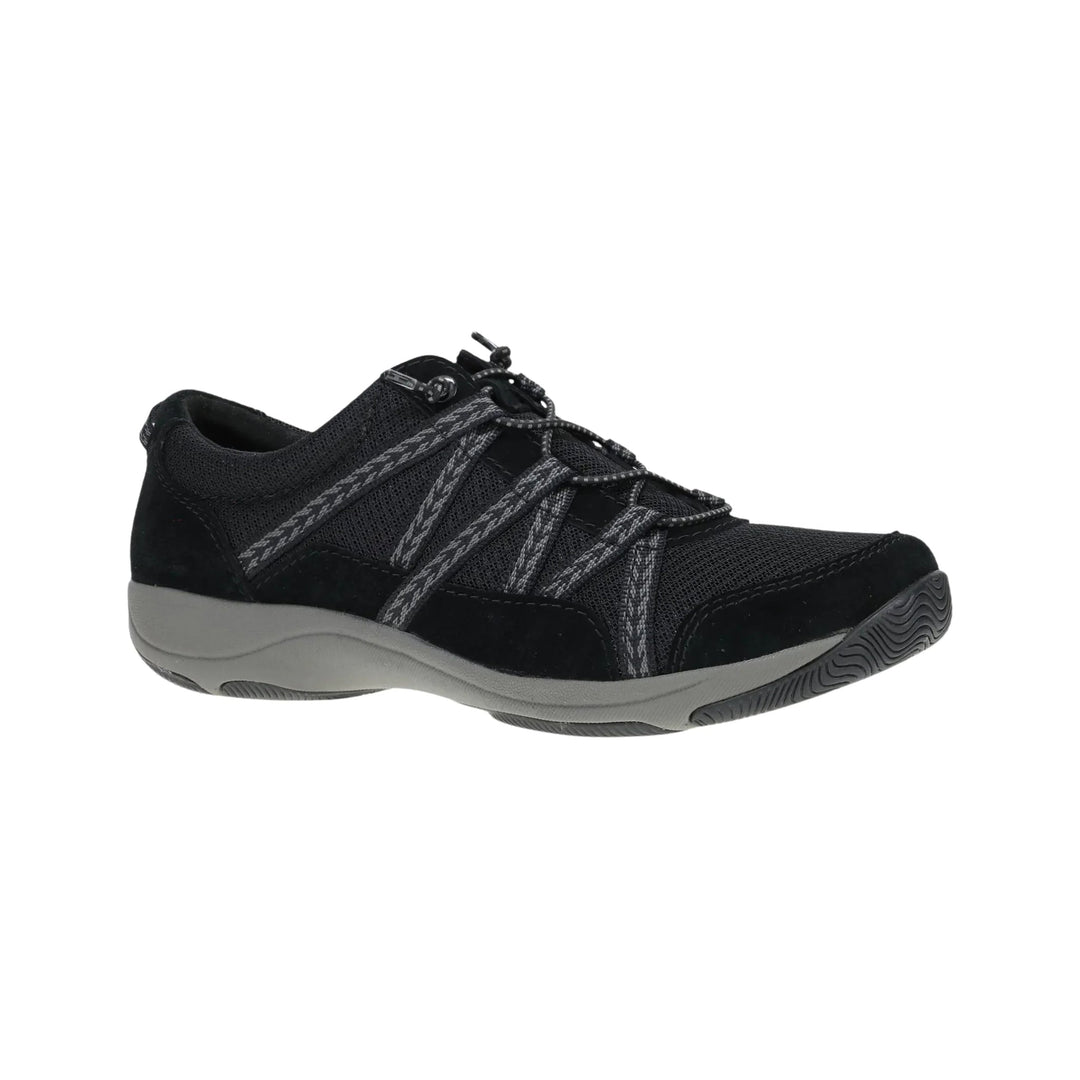 Black athletic walking shoe with gray sole, mesh upper, and bungee laces