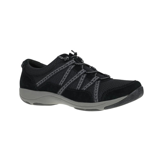 Black athletic walking shoe with gray sole, mesh upper, and bungee laces