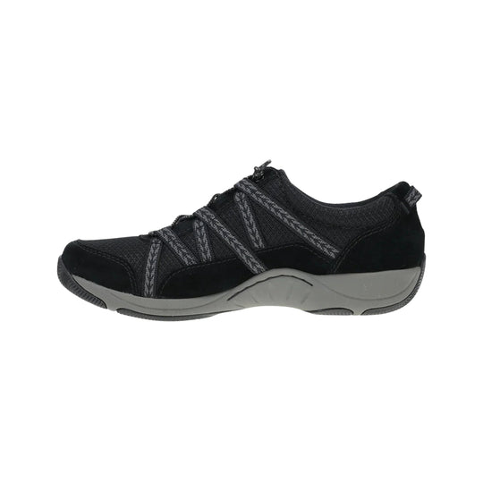 Black mesh and suede lace-up walking shoe with gray cushioned sole, shown in side view