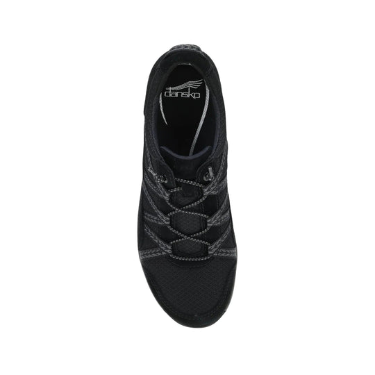 Black low-top athletic shoe with bungee laces and mesh upper, viewed from above