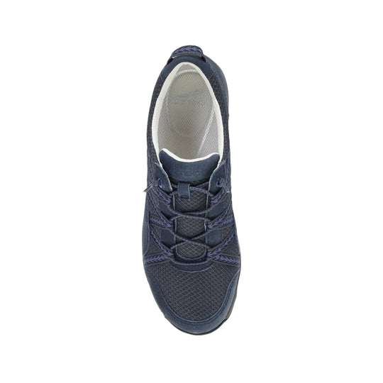 Navy athletic sneaker shown from above with mesh upper and bungee laces