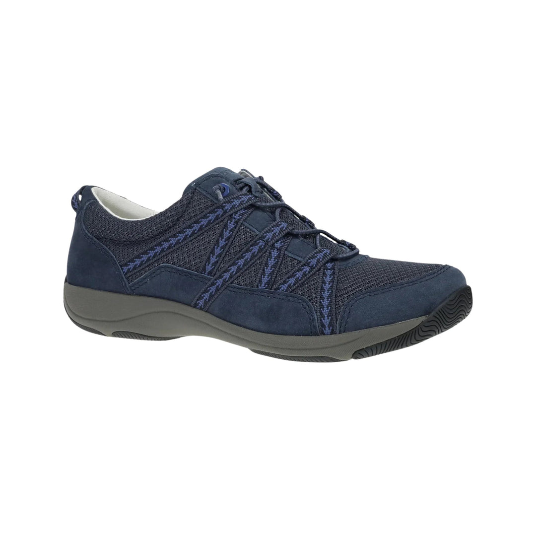 Navy lace-up athletic shoe with mesh panels and gray sole