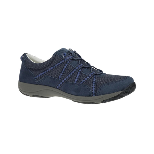 Navy lace-up athletic shoe with mesh panels and gray sole