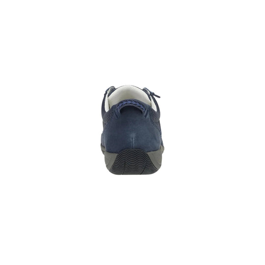 Navy low-top sneaker shown from the back with a gray sole and white collar lining