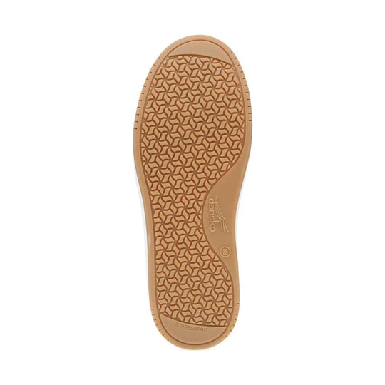 Tan shoe outsole with patterned tread, Dansko logo, size 38, and slip resistant text