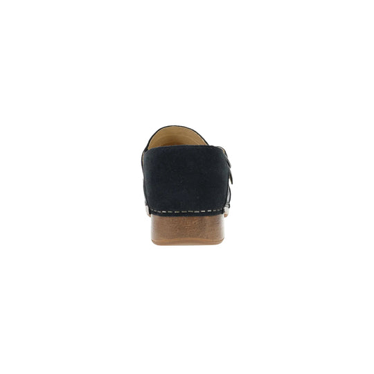 Black suede clog with tan lining and wood-look heel, shown from the back