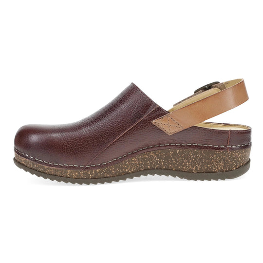 Brown leather clogs with a tan slingback strap and cork wedge sole, shown from the side
