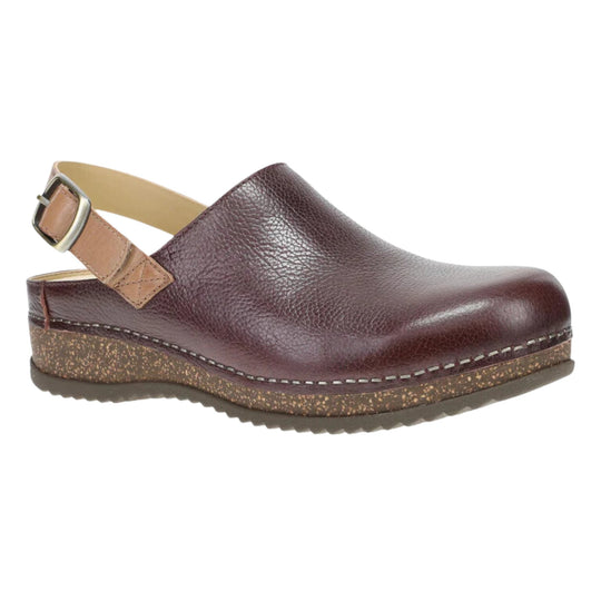 Brown leather slingback clog with a buckled heel strap and cork-speckled wedge sole