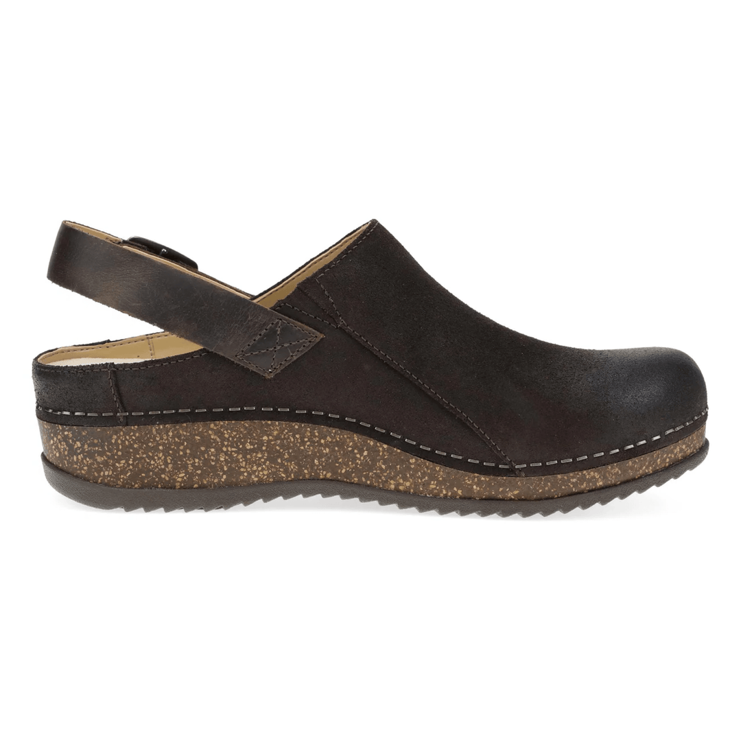 Dark brown closed-back clog mule with an adjustable heel strap and cork wedge sole