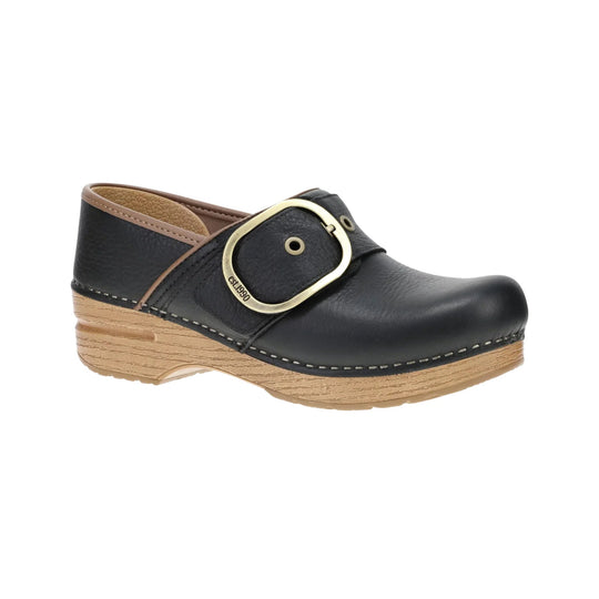 Black leather clogs with a wood-look platform sole, metal buckle, and stitched trim