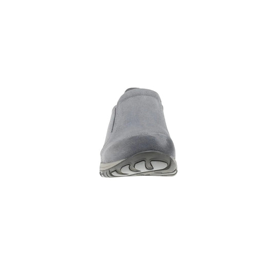 Gray suede slip-on shoe shown from the back, with a thick gray sole.