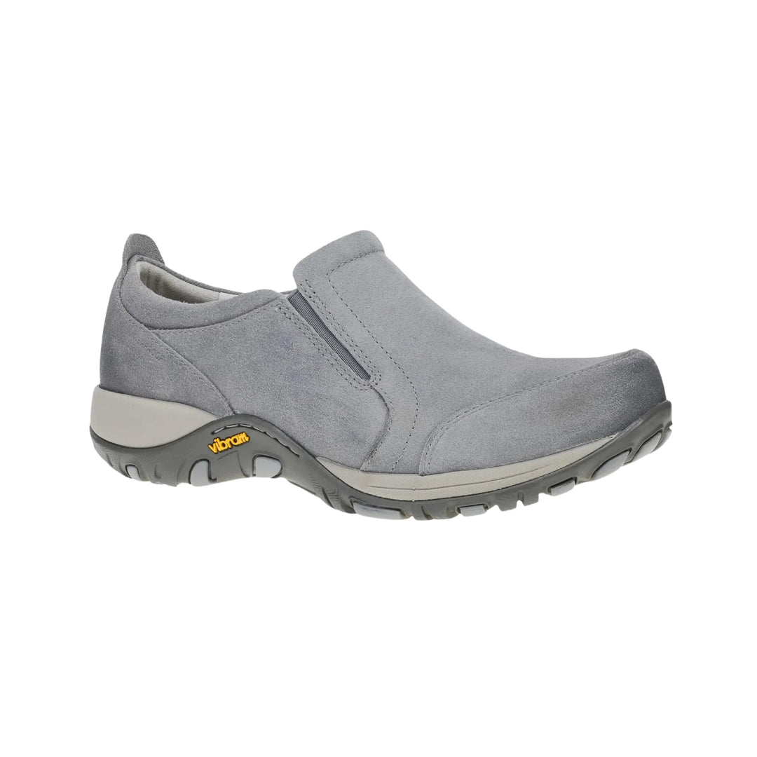 Gray suede slip-on walking shoe with a thick lugged sole
