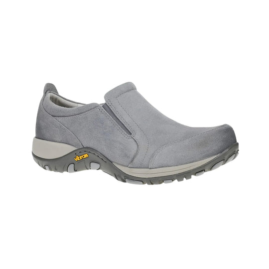 Gray suede slip-on walking shoe with a thick lugged sole