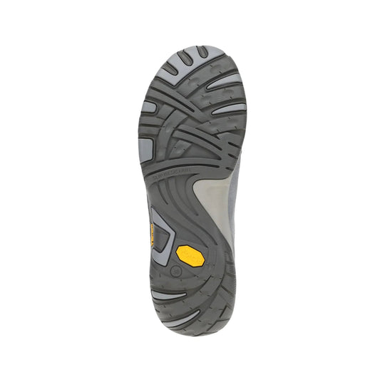 Gray slip-resistant sneaker outsole with yellow grip insert and visible tread pattern