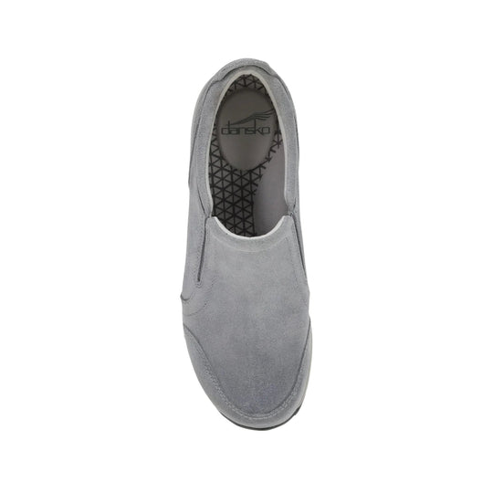 Gray suede slip-on shoe viewed from above