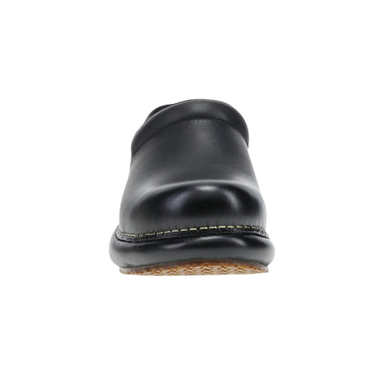 Black slip-on clog with a rounded toe and tan outsole, shown from the front