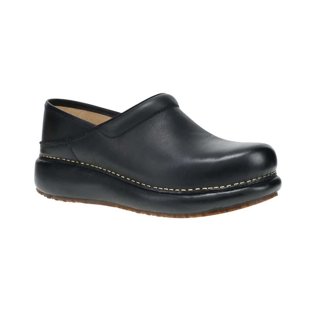 Black slip-on clog with a thick platform sole and tan interior lining