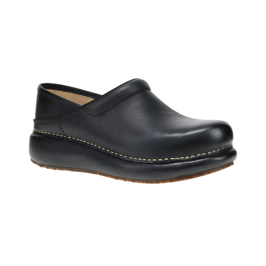 Black slip-on clog with a thick platform sole and tan interior lining
