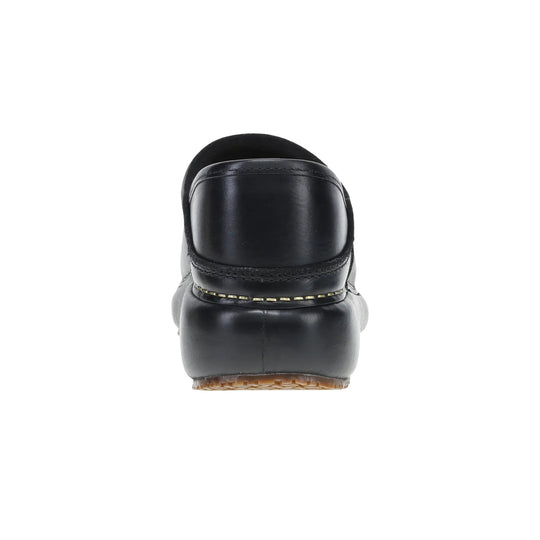 Black leather platform clog shown from the back