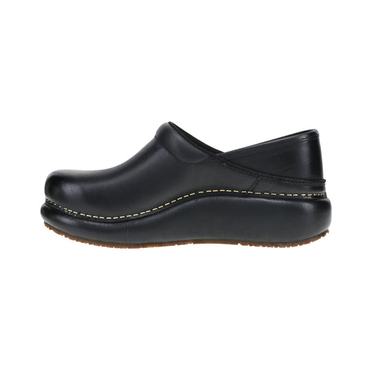 Black slip-on clog with a smooth leather upper and thick platform sole