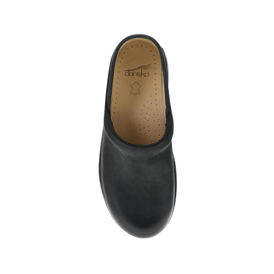 Black leather clog with a tan insole, shown from above