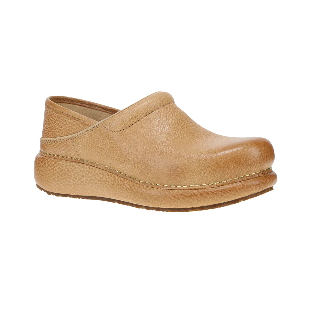 Tan leather clog mule with a platform sole and rounded toe